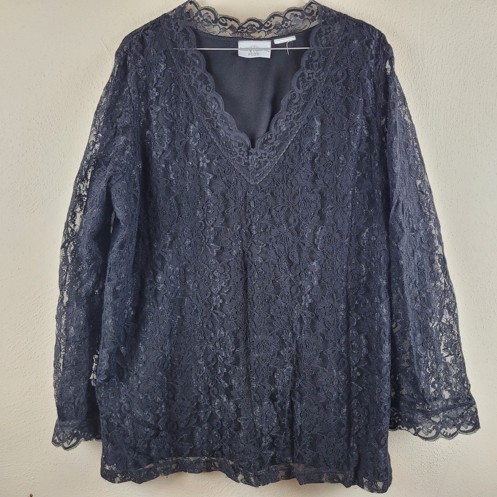 Kathy Ireland Women's XL/2XL Lace Top Black‎ Long Sleeves Lined Vintage